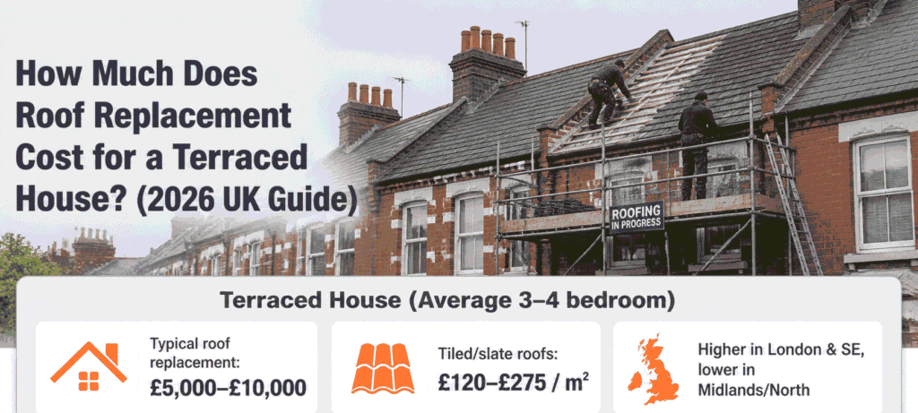 terraced house roof replacement cost in the uk, showing a home exterior with new roofing work in progress.