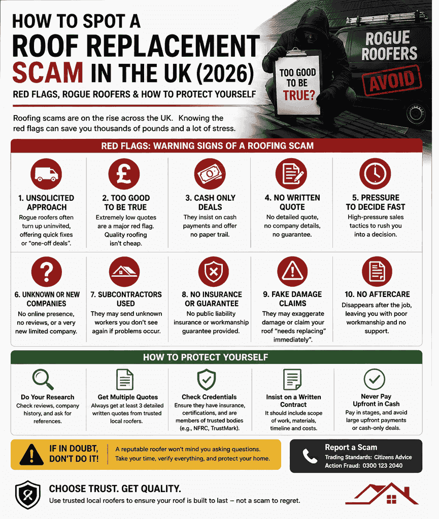 roof replacement scams warning signs on a house roof with a roofer inspecting shingles