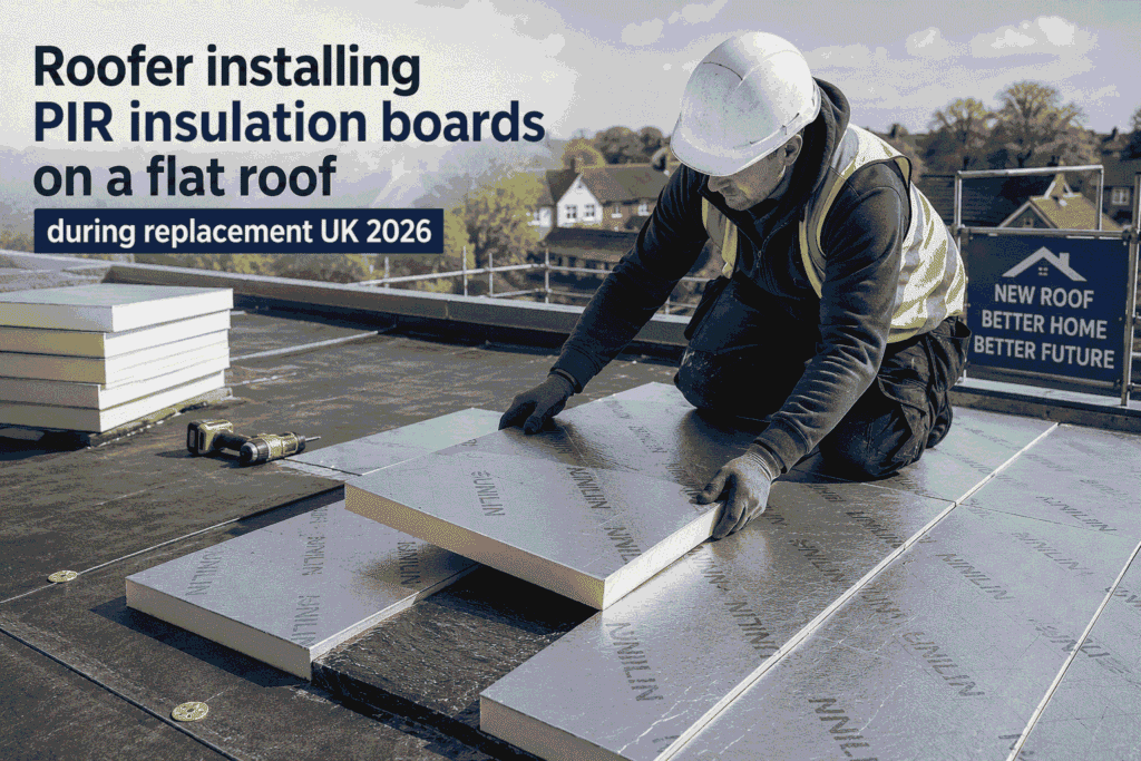 roofer installing PIR insulation boards on a flat roof during replacement uk 2026