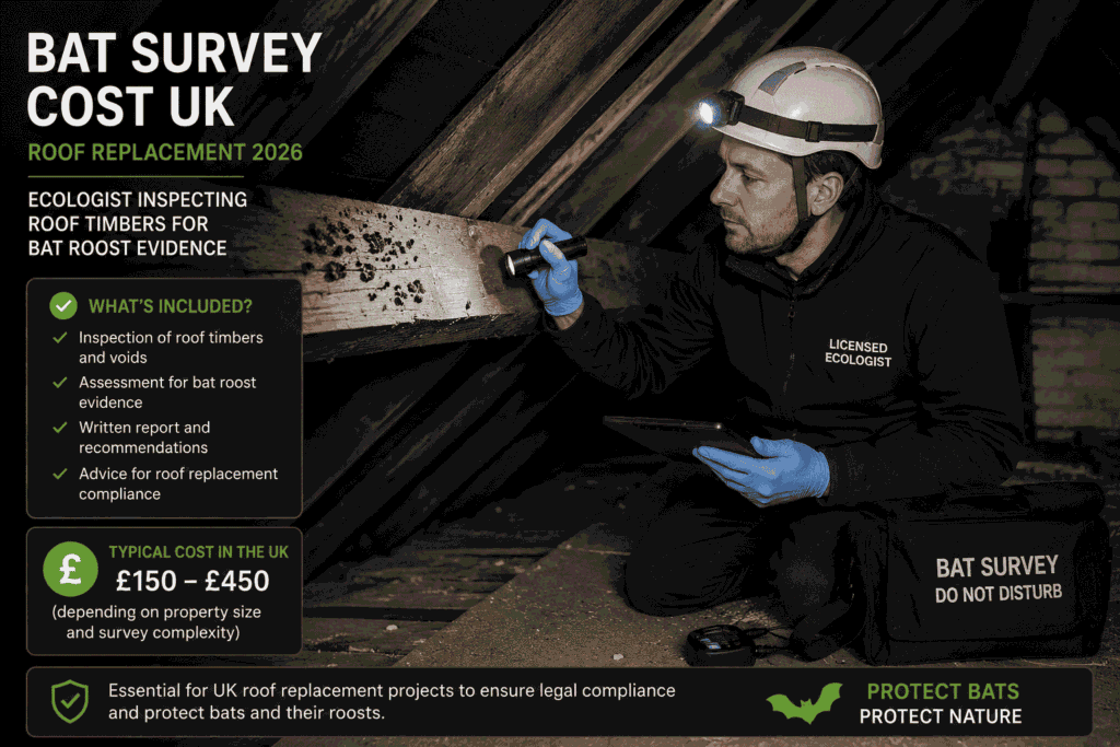 bats in roof survey cost uk roof replacement 2026 — ecologist inspecting roof timbers for bat roost evidence