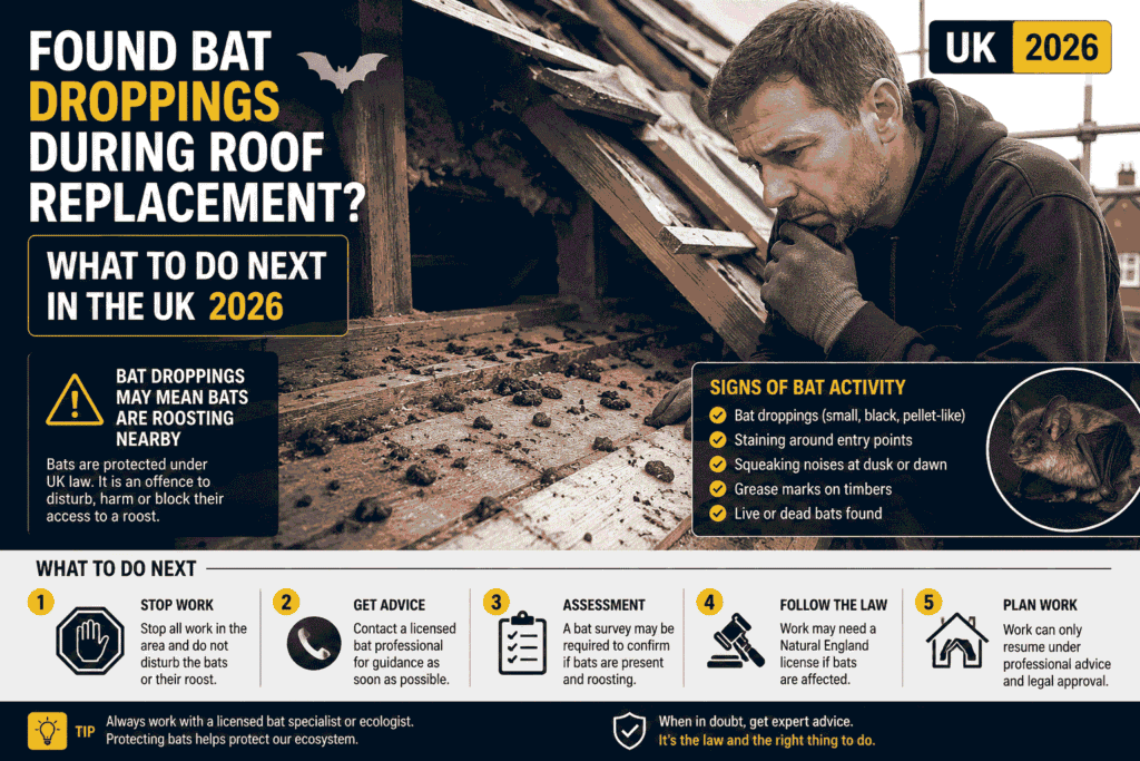 Homeowner looking at bat droppings found during roof replacement UK — what to do next 2026