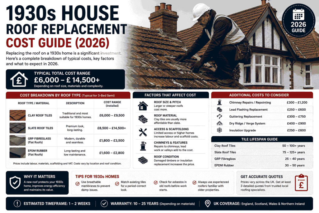 1930s house roof replacement cost guide with a roofer inspecting an old pitched roof