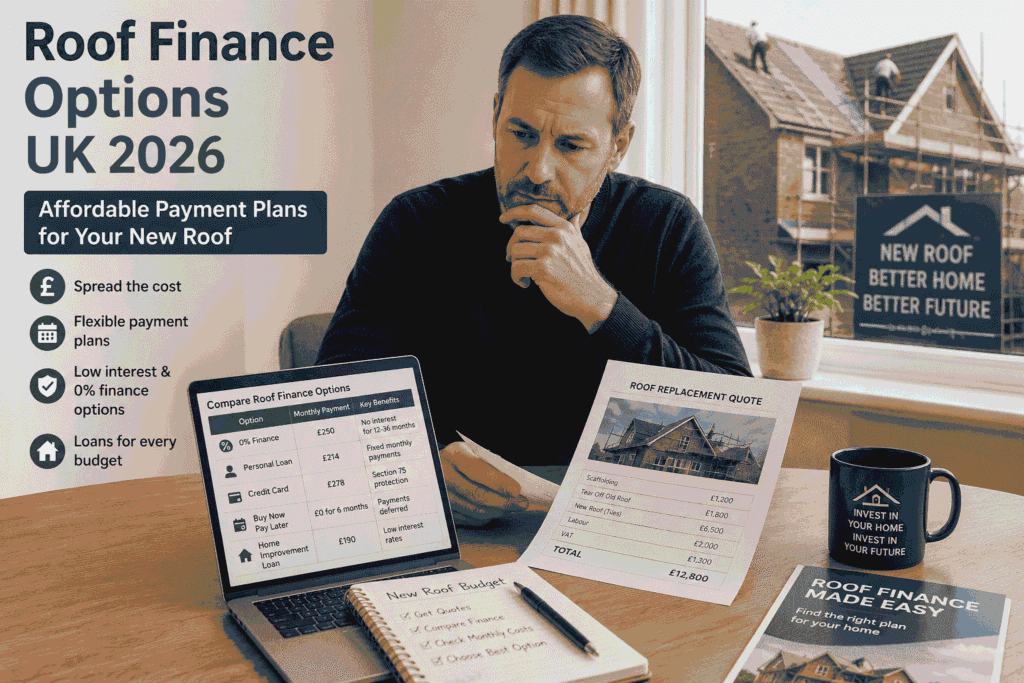 Homeowner comparing roof finance options for a new roof replacement with affordable payment plans in the UK 2026