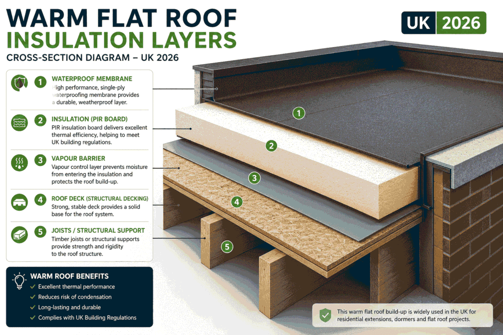 cross-section diagram of warm flat roof insulation layers including PIR board, vapour barrier and waterproof membrane uk 2026