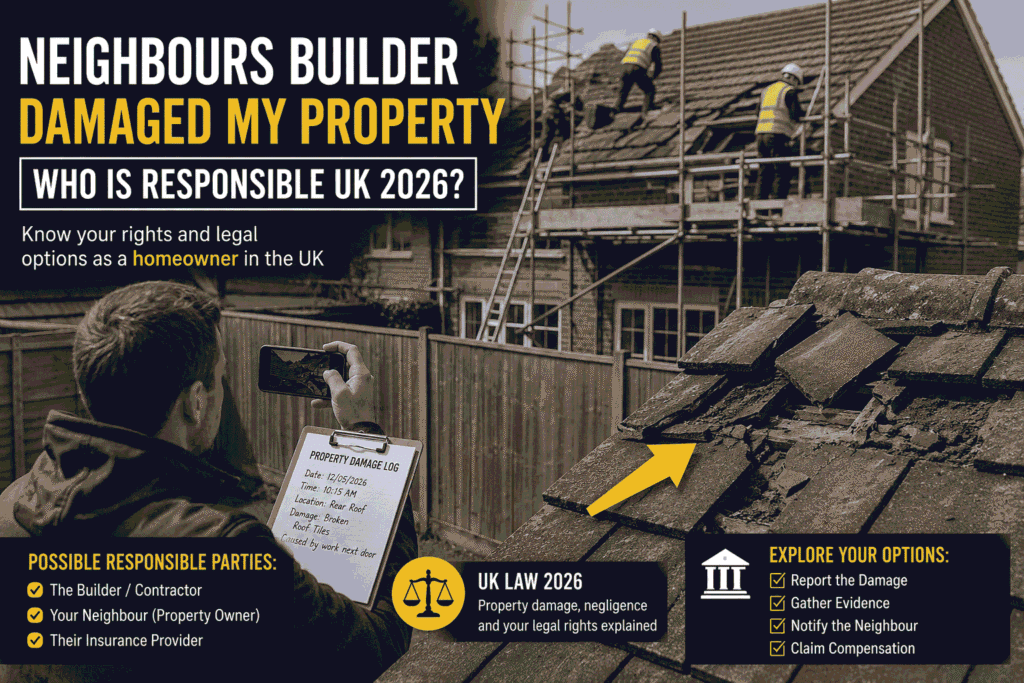 neighbours builder damaged my property who is responsible UK 2026 — homeowner documenting roof tile damage caused by next door contractor
